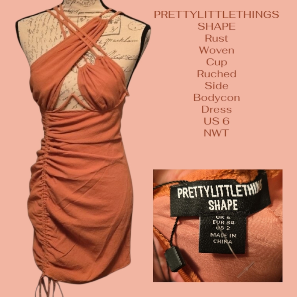 PrettyLittleThing Shape Rust Woven Cup Detail Ruched Side Bodycon Dress US6 Nwt